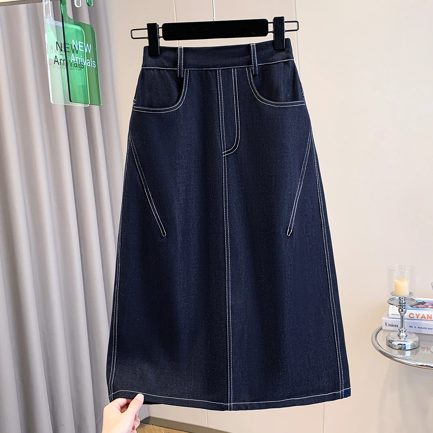 

Повседневная свободная джинсовая юбка средней длины, простой дизайн, высокая талия, стиль для работы, женская, большие размеры, весна-лето, новинка