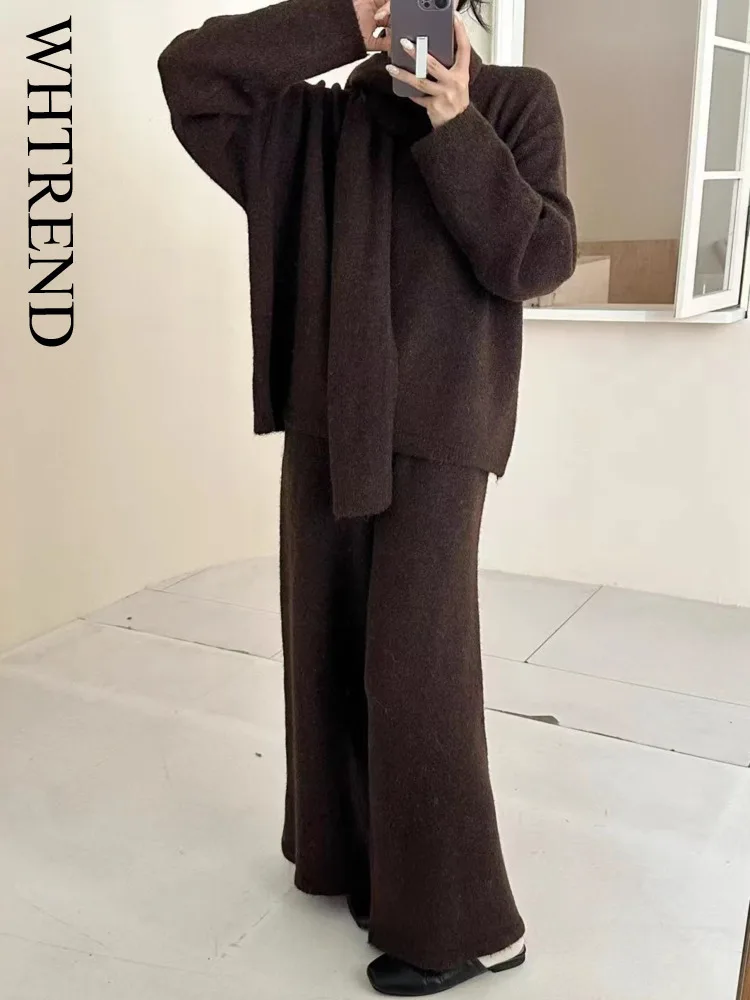 

WHTREND комплект из трех предметов, новый свободный вязаный пуловер + прямые брюки + шарф, женские осенне-зимние комплекты свитеров WH1640
