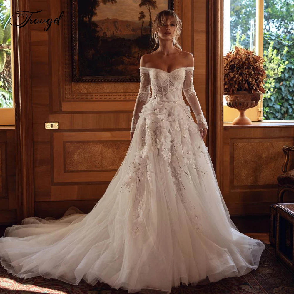 

Нежные свадебные платья трапециевидной формы по индивидуальному заказу, с открытыми плечами, Vestido De Novia, кружевные аппликации, тюлевое платье De Mariee