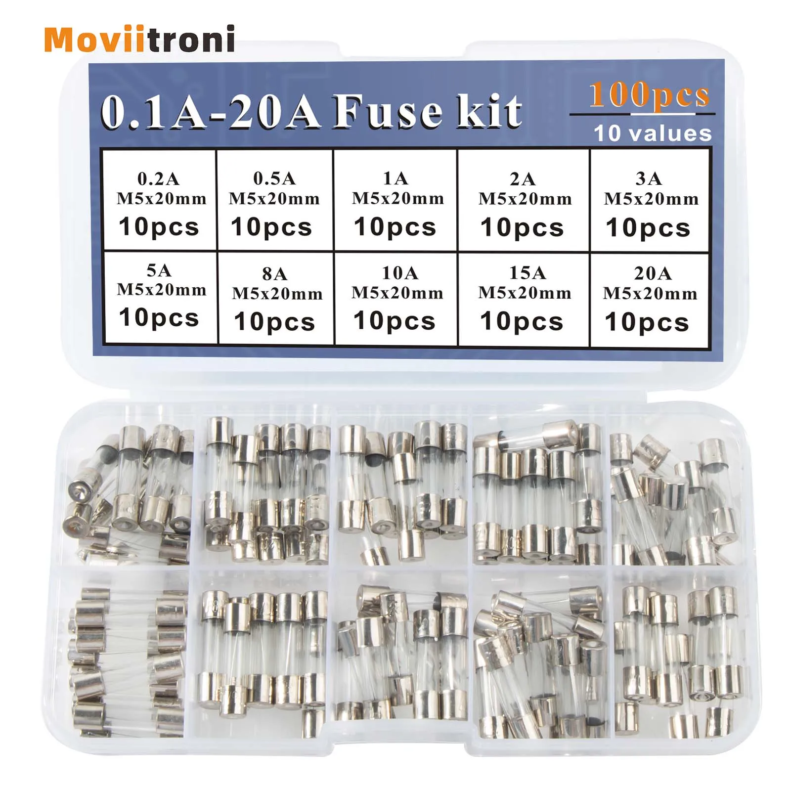 100pcs Fast Blow Glass Fuses Assortment Kit 10 Values m5x20mm 0.2-20A