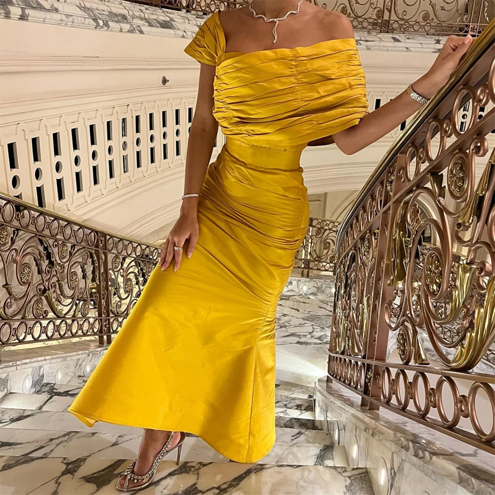 

Simple One Shoulder Mermiad Pleat Satin Formal Occasion Prom Dresses Ankle-Length Women Evening Party Dress فساتين حفلات