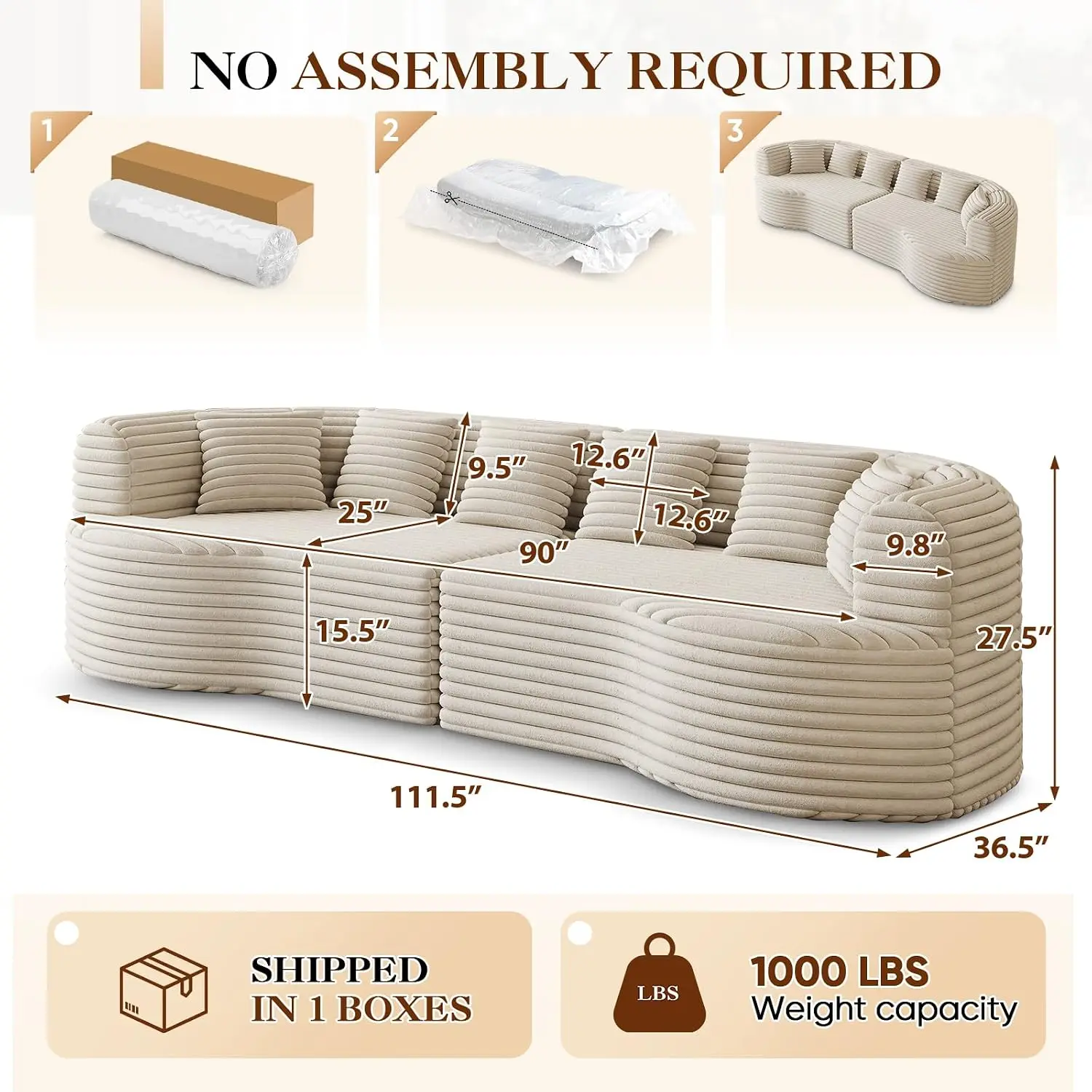 Oversized Curved Sectional Sofa, 111” Modern Boneless Modular 4-Seater Couch with 6 Pillows Corduroy Deep Seat, Customized