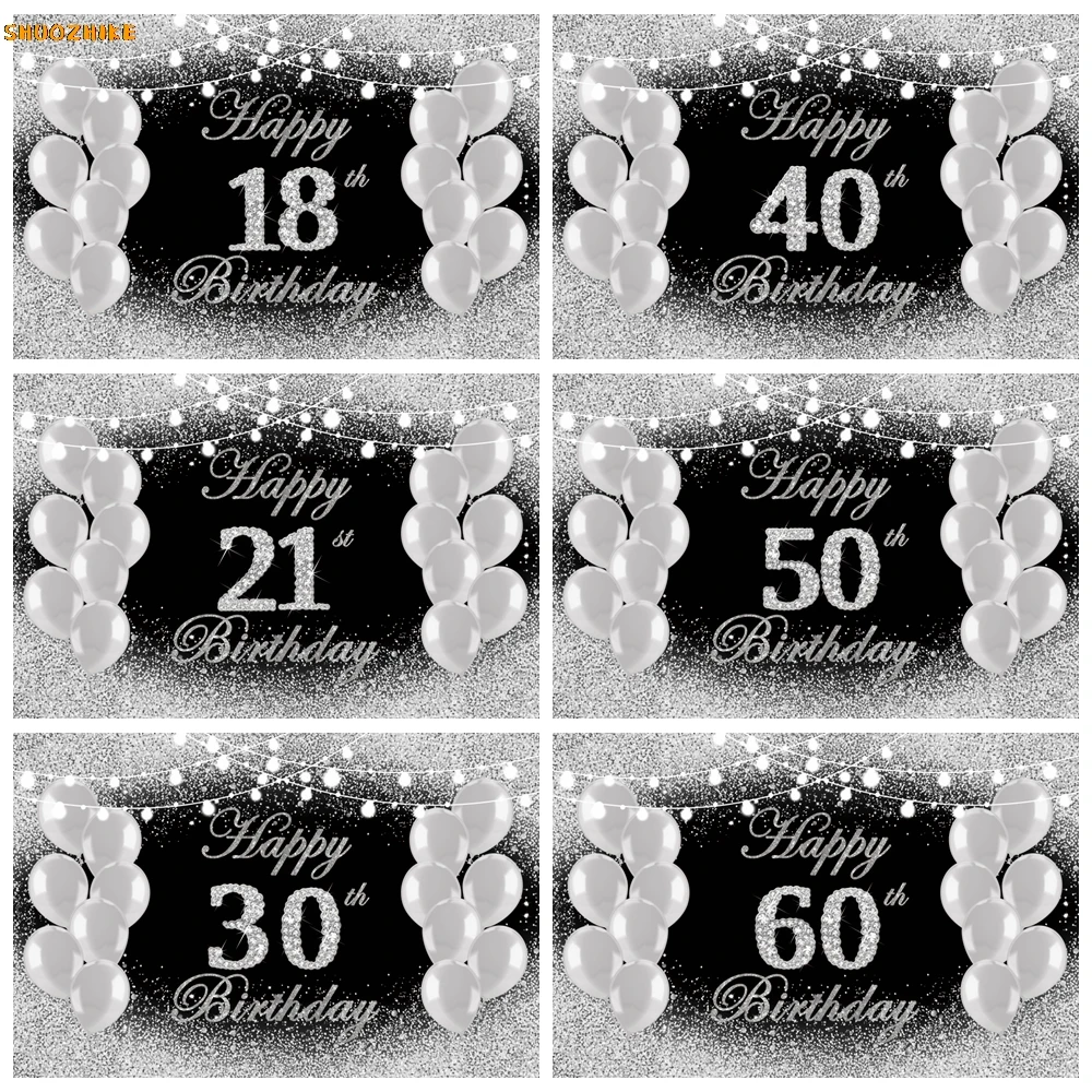 

18th 21st 30th 40th 50th 60th Birthday Party Backdrop Black Silver Glitter Balloon Boys Girls Birthday Photography Background