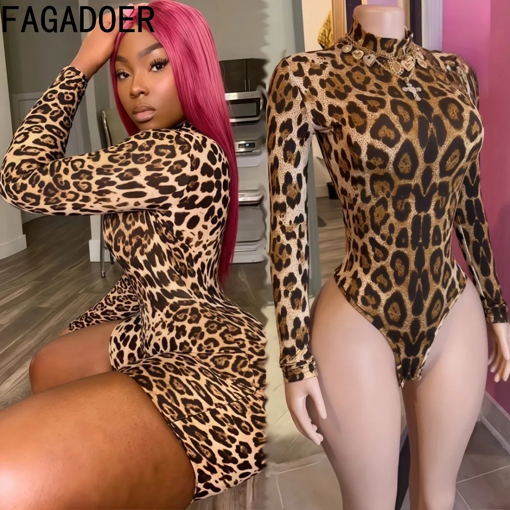 

FAGADOER Spring Summer Sexy Leopard Print Rompers For Women High Collar One Piece Bodycon Playsuits Female Streetwear Overalls