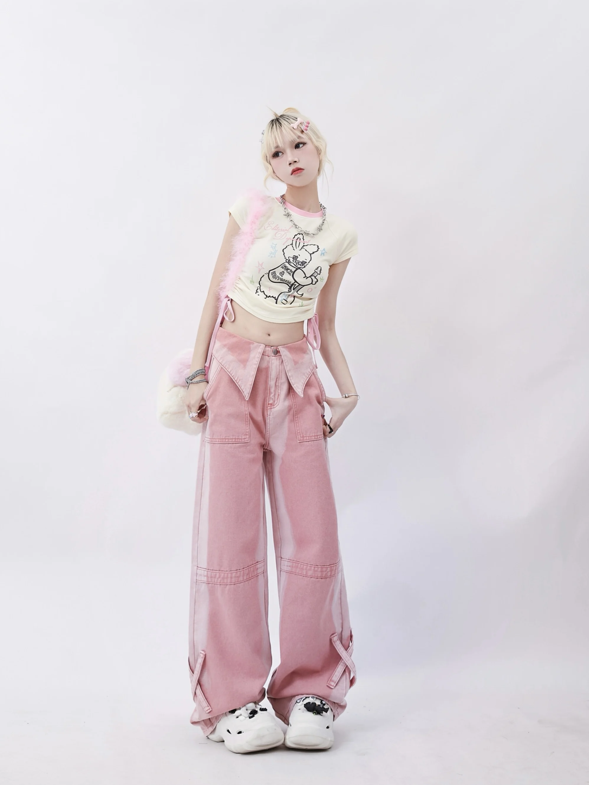 Women Vintage Pink High Waist Cargo Jeans Baggy Harajuku Y2k Cowboy Pants Aesthetic Streetwear Wide Leg Straight Denim Trousers