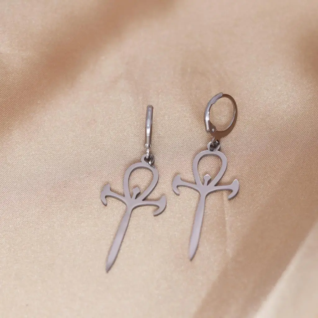 QIAMNI Stainless Steel Vintage Egyptian Cross Ankh Life Dagger Sword Charm Huggies Hoop Earrings Jewelry Gift Bijoux Pendientes