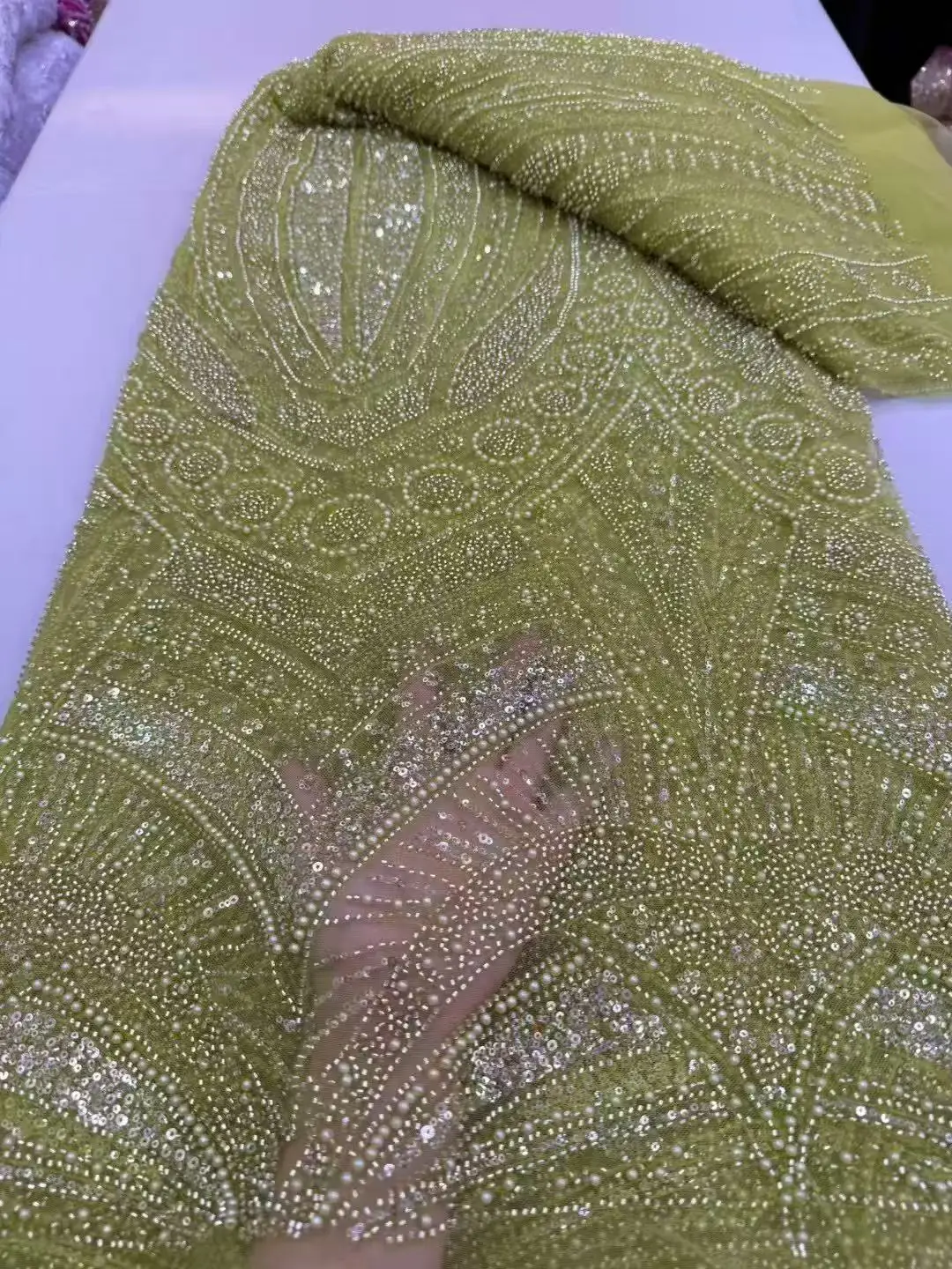 

2025 Brilliant Pearl Embroidery! Light green mesh fabric interwoven with exquisite sequin technology, party dress wedding dress