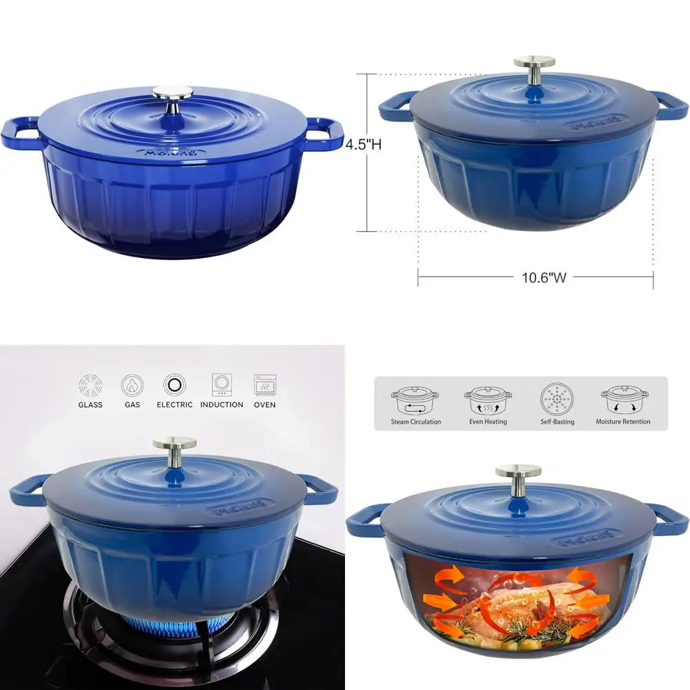 

Enameled Cast Iron Dutch Oven 5 Quart Round Pot with Lid - Blue Enamel Cookware, Sky-Deep Blue Finish