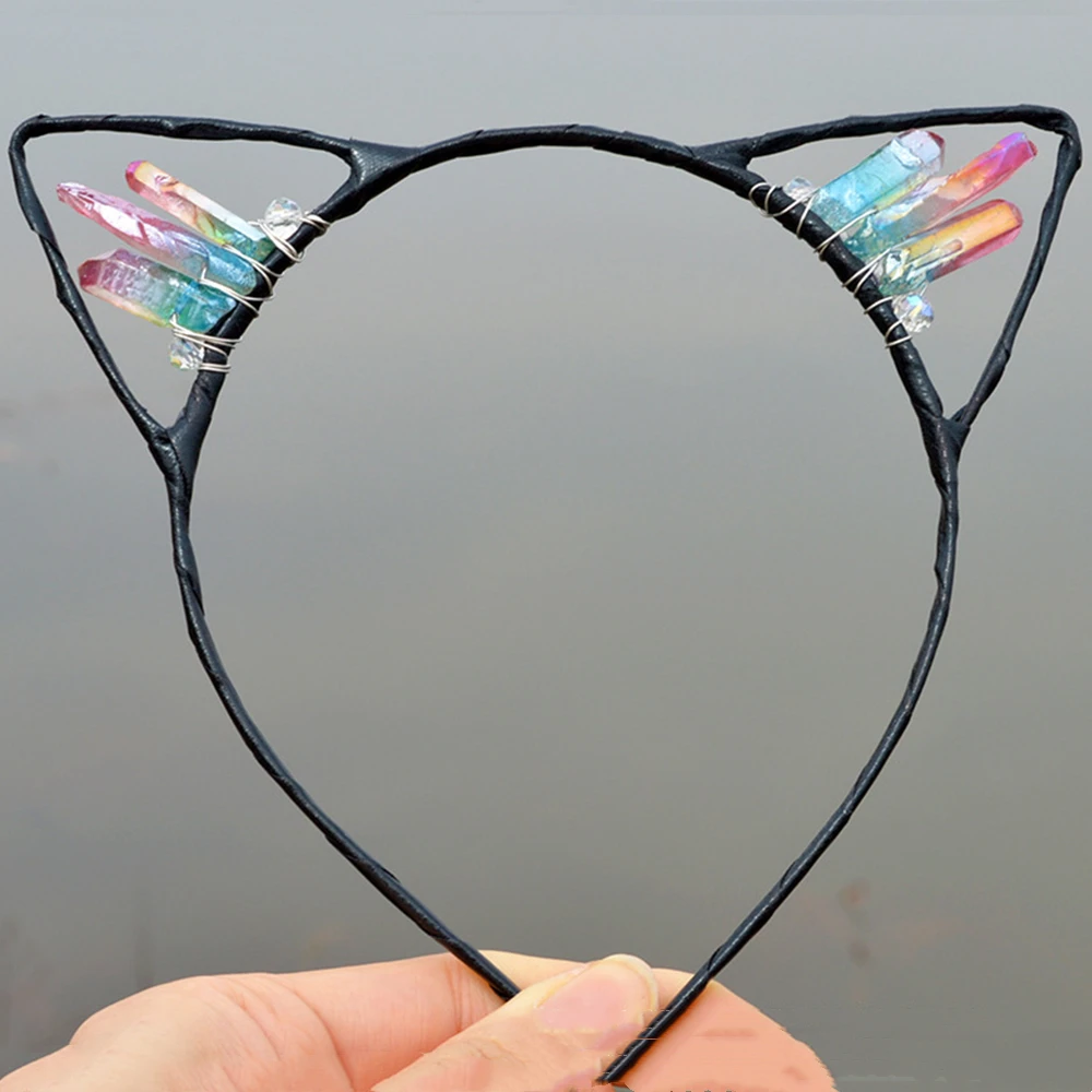 Natural Crystal Cat Ears Crown Hair Accessories Multicolored Crystal Headwear Cute Headband Handmade Fashion Jewelry Party Gifts