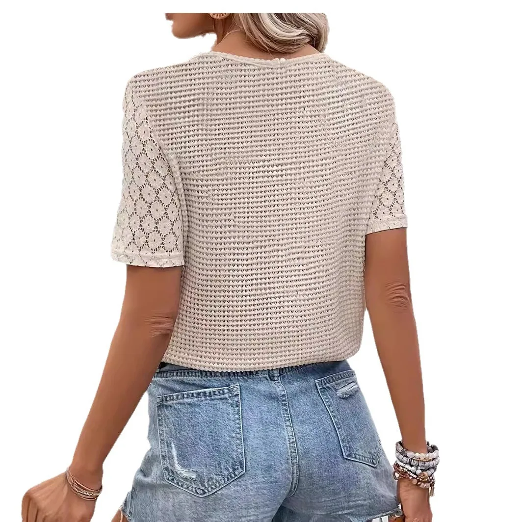 Summer Knitting Women\'s T-Shirt Top Lace Short Sleeve Shirt V Neck T-Shirt Casual Loose Raglan Sleeve Panel Comfortable Tops