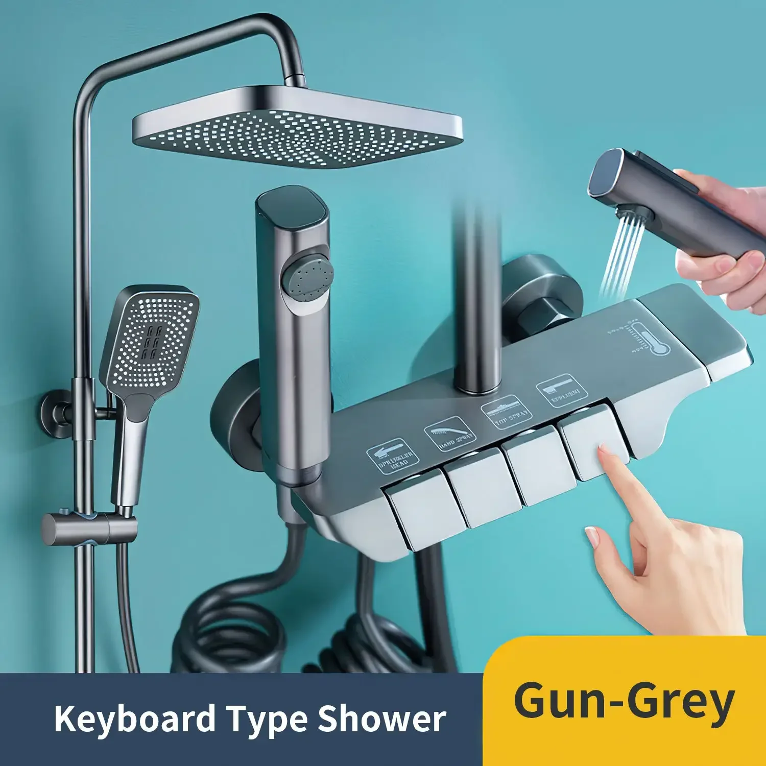 Modern Brass Showerhead Wall Mounted Piano Button Bathroom Shower Set