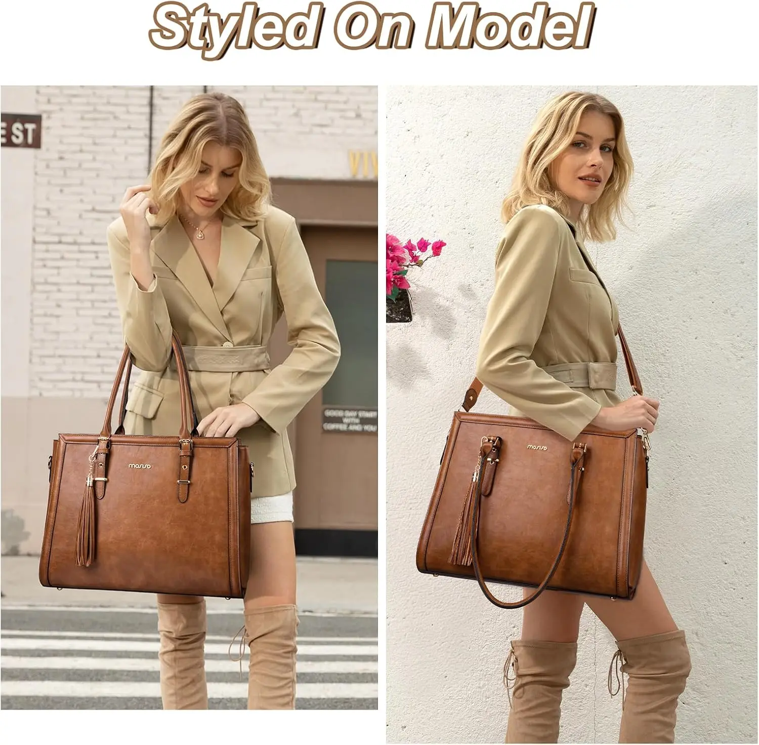 Vintage PU Leather Laptop Tote Bag for Women 15.6 inch Large Capacity Business Work Handbag Cross body Laptop Shoulder Bags