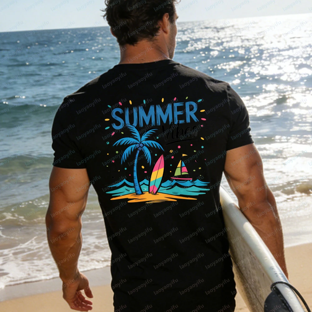 Summer Vibes T-Shirt Women Doodle Palm Tree Surfboard Sailboat Graphic Tee Casual Short Sleeve Cotton Tops Beach Vacation Shirts