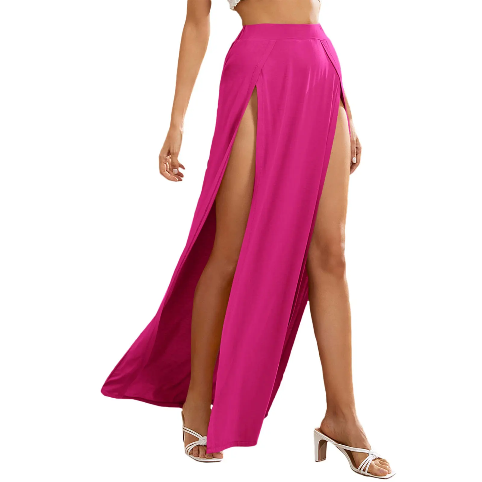 Women Summer Elastic High Waist Skirt Solid Color Side High Split Loose Fit Sweat Absorption Long Beachwear Skirt Cover-Ups