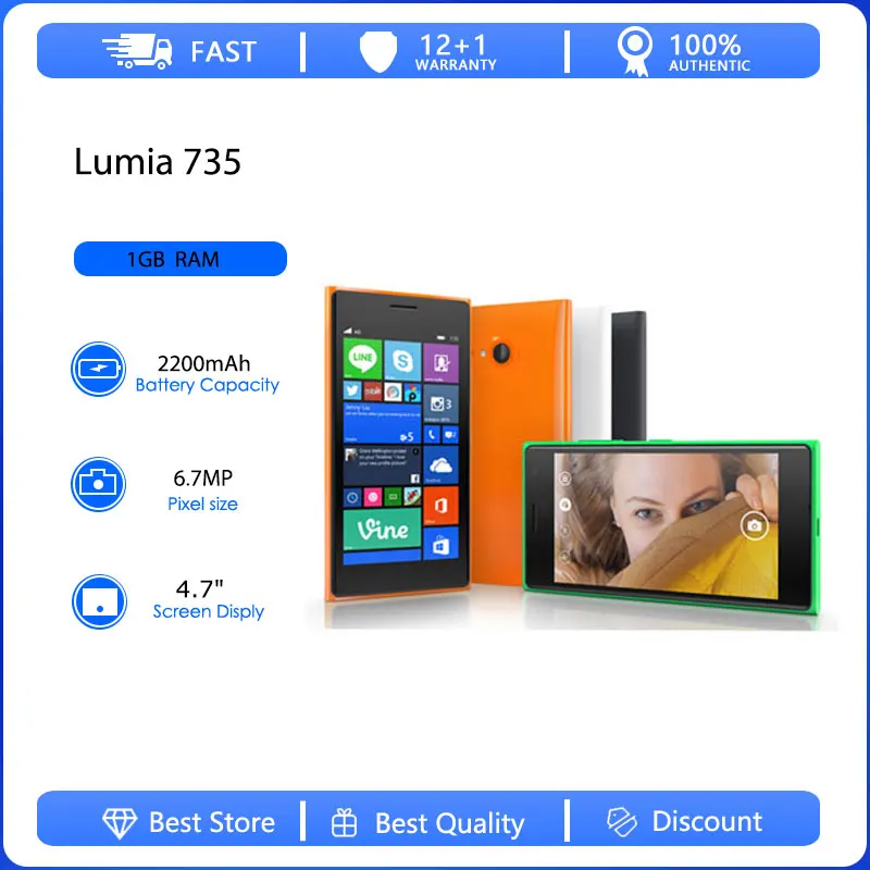 Teléfono Móvil Lumia 735 4G Desbloqueado, Reacondicionado, Original, con una Sola SIM, GSM 900/1800, Teclado en Ruso, Árabe y Hebreo, Fabricado en Finlandia