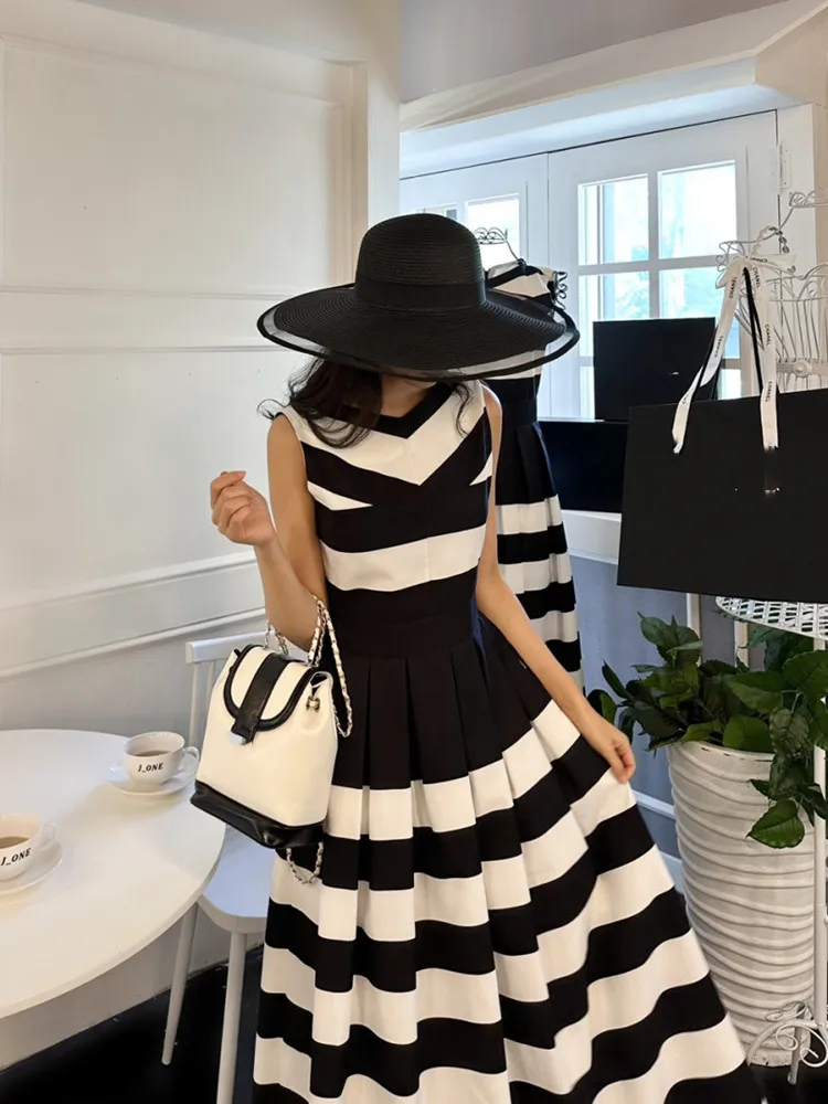 Women Black White Hit Color A Line Midi Long Party Dinner Dresses Lady Summer Striped Robes