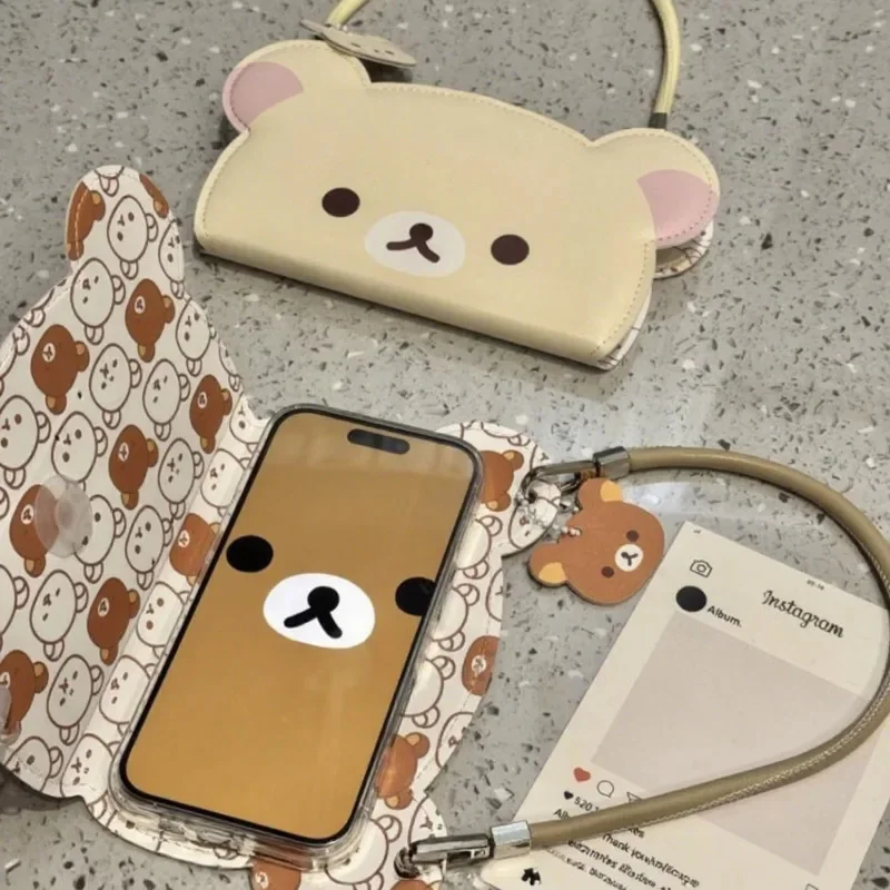 Cute Bear Flip Leather IPhone Case With Wrist Strap For IPhone 16 15 14 13– Korean Style Wallet Cover With Cartoon Design