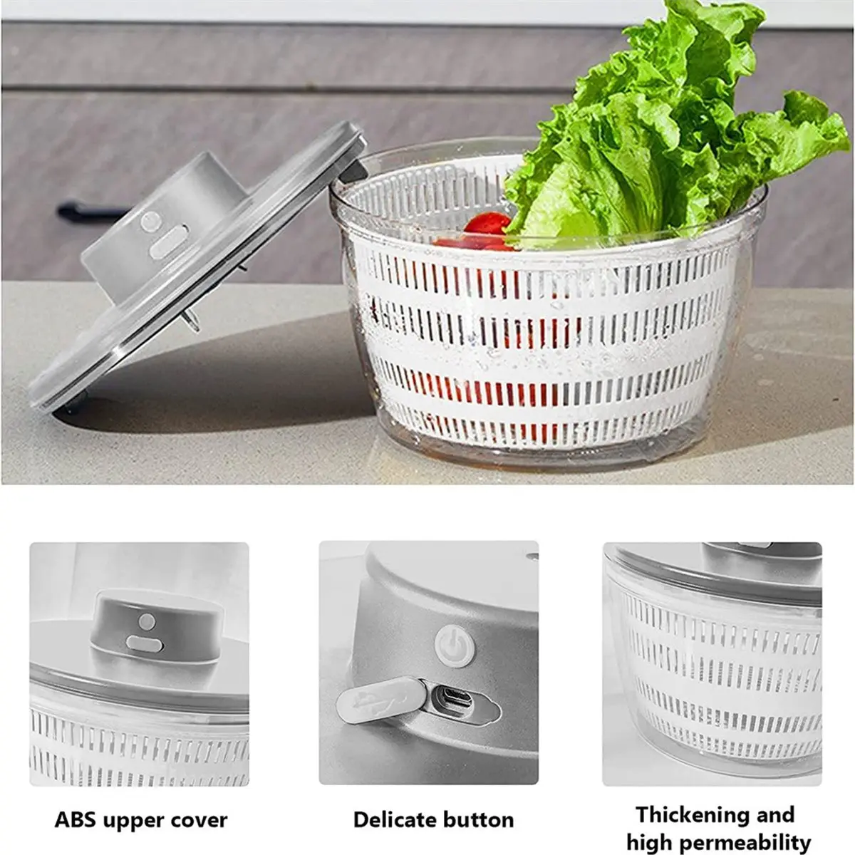 PHONE&GEAR Electric Salad Spinner - Lettuce Vegetable Dryer, USB Rechargeable, Quick Drying Lettuce Fruit Spinner with Bowl