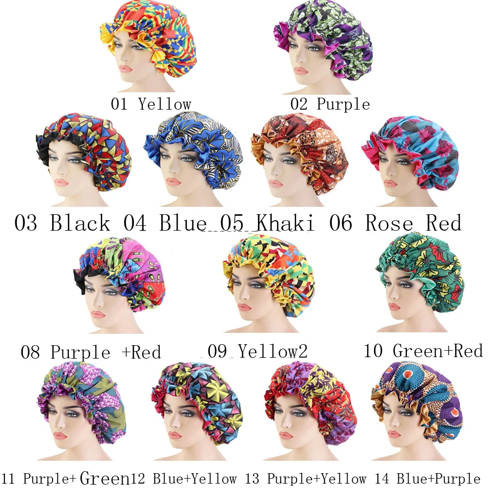 African Ankara Pattern Print Bonnet Night Sleep Cap Big Size Double Layer Satin Turban Women Hair Care Soft Hat Chemo Cap