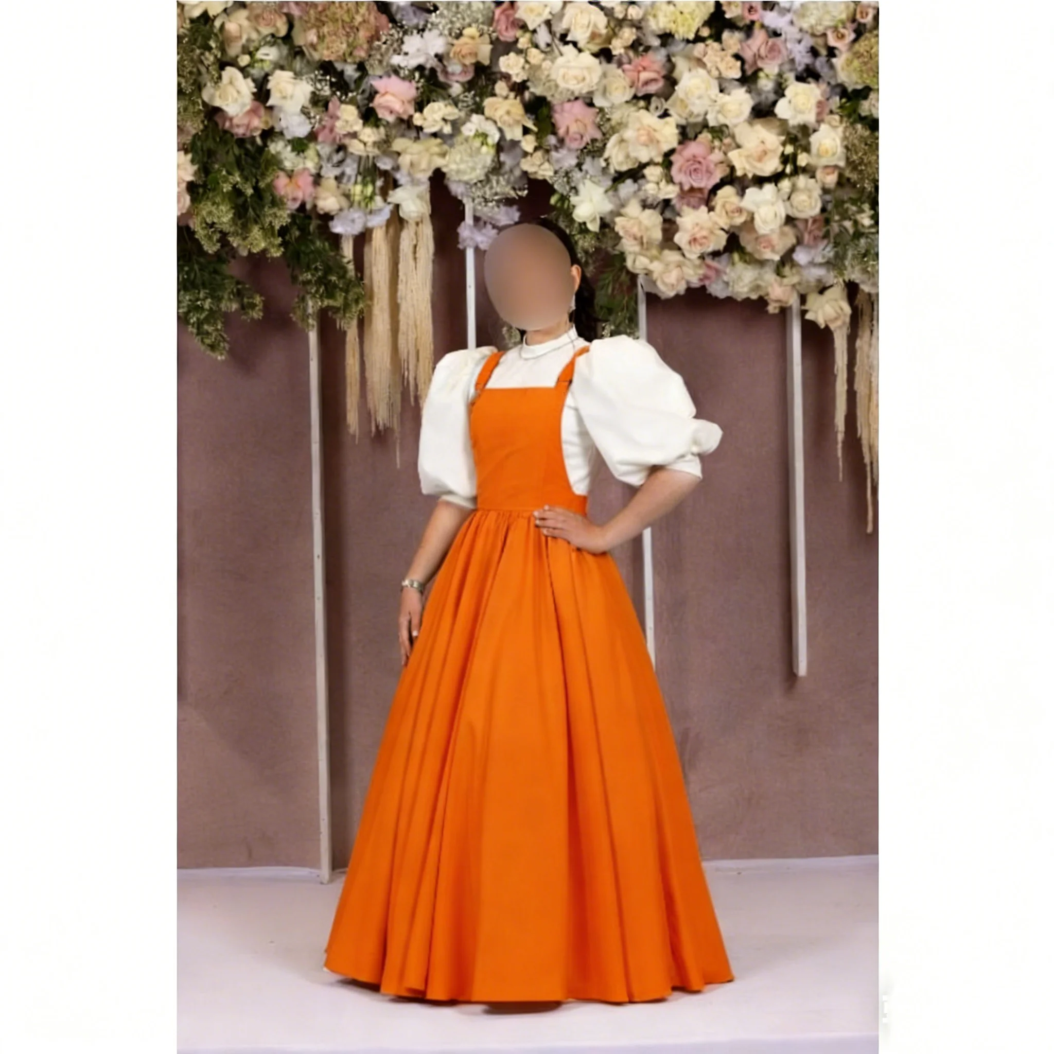 Elegant Bridesmaid Dress for Women Satin Puffy Short Sleeve High Neck Prom Birthday Evening Gown Wedding Dress Customized