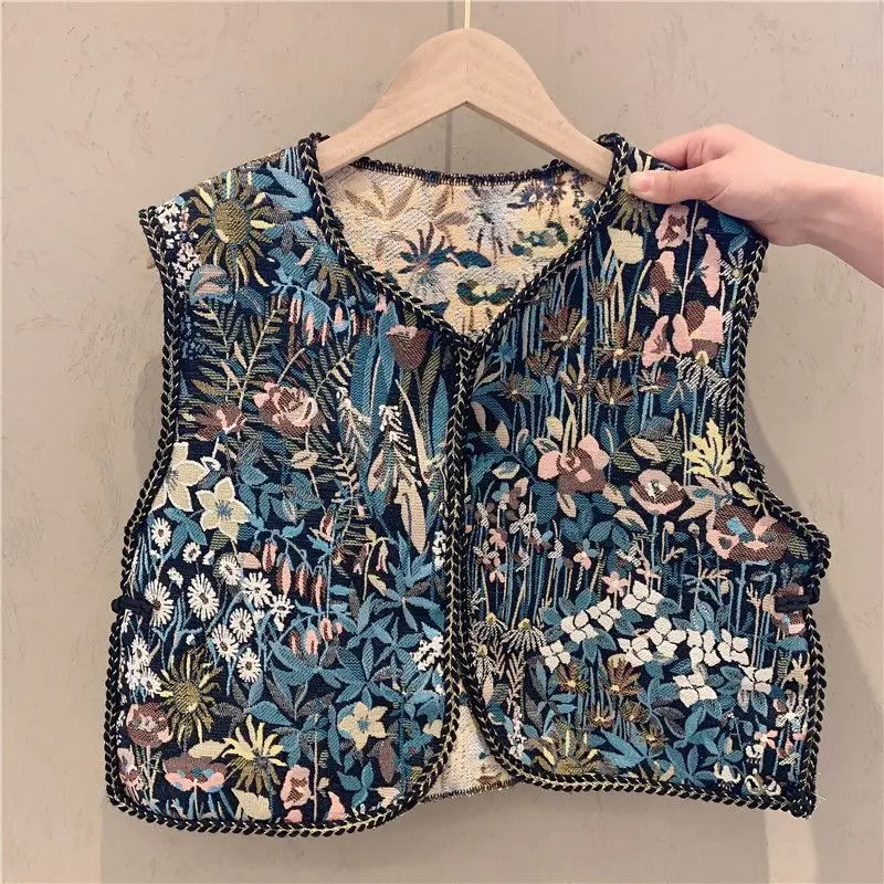 Spring Ethnic Style Womens Embroidered Vest Cardigan Waistcoat