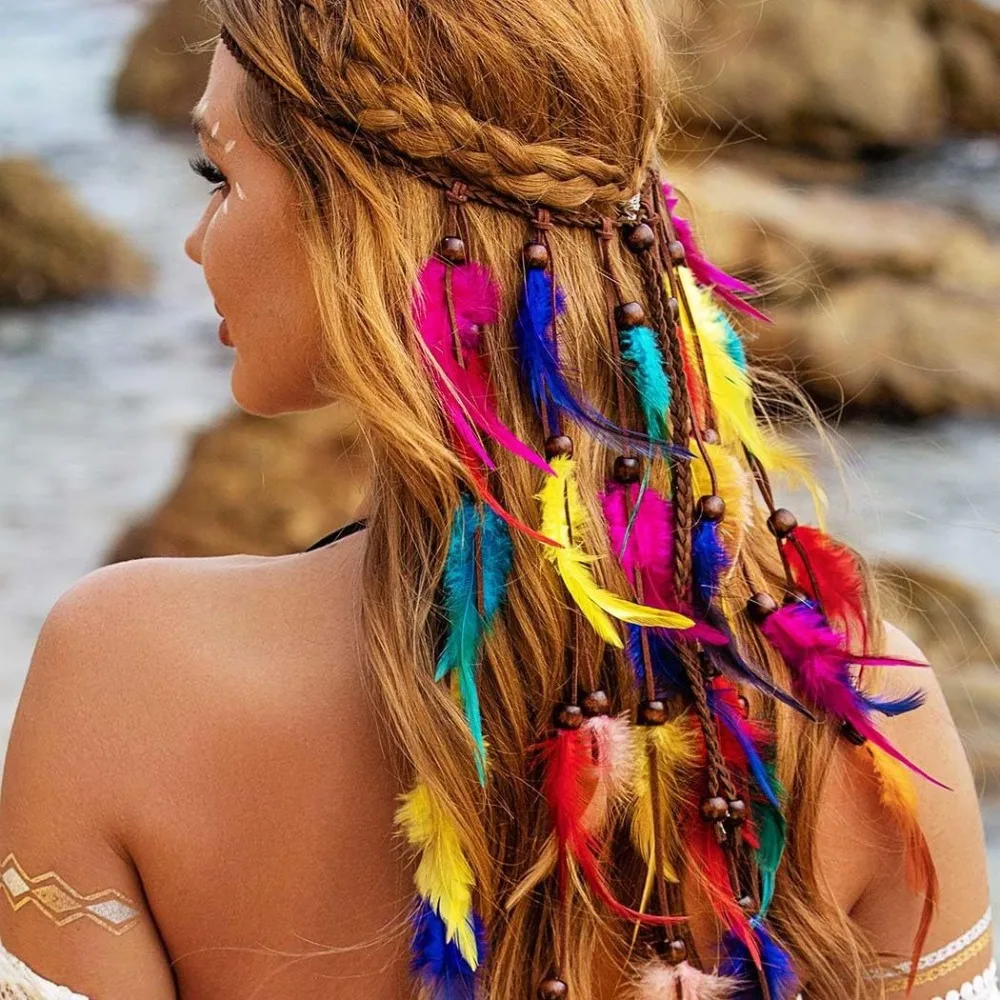 Fashion Tassel Feather Headband Adjustable Beaded Boho Style Headdress Costume Bohemian Rainbow Indian Headband Masquerade