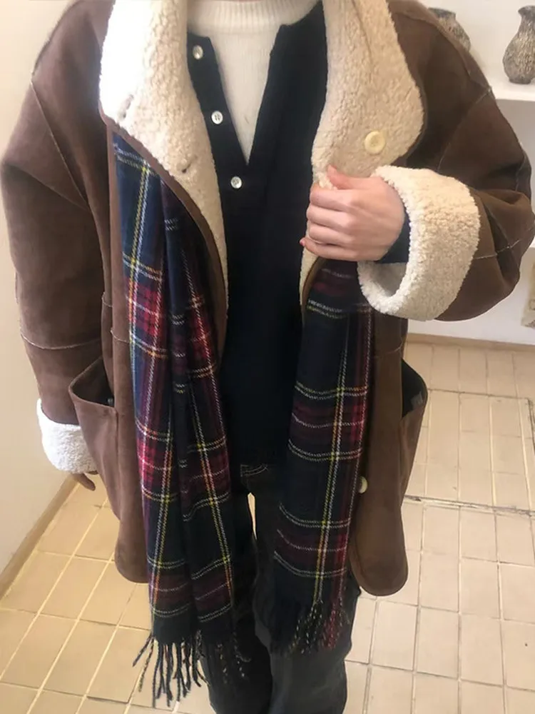 

Retro Korean Sle Women's Jaet Lamb Fur Collar Motorcycle Coat Mid-Length Loose Fit Button Closure Long Sve Outerwear