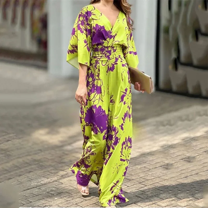 Jumpsuit wanita pinggang tinggi, Jumpsuit longgar lengan kelelawar motif elegan mode Musim Panas 2024