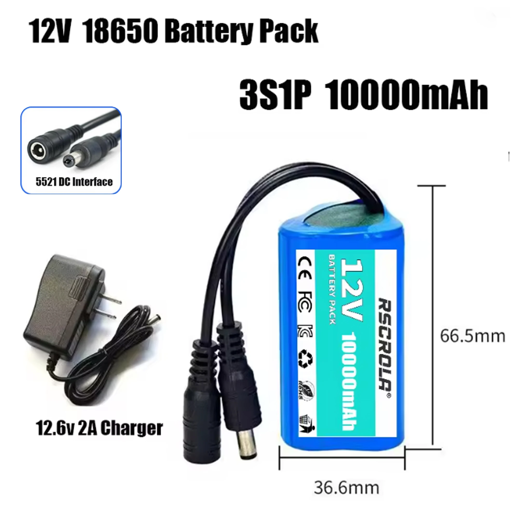New 12V 18650 Battery Pack 10000mAh 3S1P Li-ion Rechargeable Batteries with BMS Lithium Cells Protection Board +12.6V 2A Charger