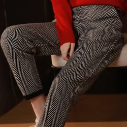 Women's Herringbone Wide-Leg Pants Korean Loose Straight Wool Drape Thick Cashmere Casual Pants for Autumn And Winter