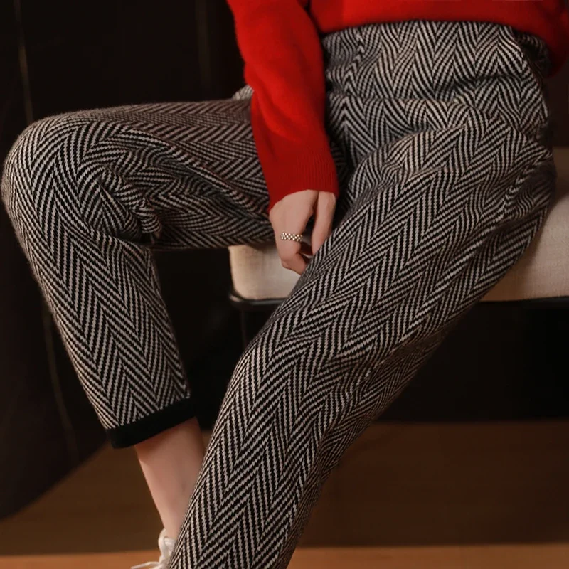 Women's Herringbone Wide-Leg Pants Korean Loose Straight Wool Drape Thick Cashmere Casual Pants for Autumn And Winter