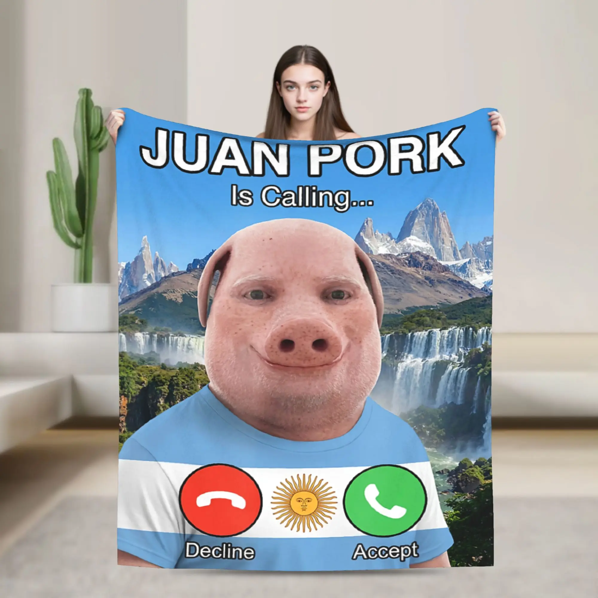 John Pork is Calling Brainrot Meme Argentina Flag Soft Blankets Plush Throw Blanket Living Room Flannel Bedspread Sofa Bed Cover