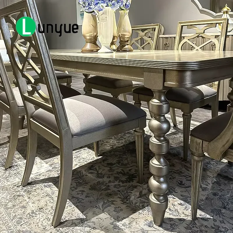 French Country Luxury Gold Retro Dining Table Set 6 Seats Recycled Solid Wood Antique Gold Imitation Old Marble Elegant Home