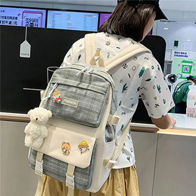 Girls 5Pcs/Set Backpack Primary School Shoulders Bags,Cute Aesthetic Backpack Large Capacity School Bag with Pendant, 3 Colors