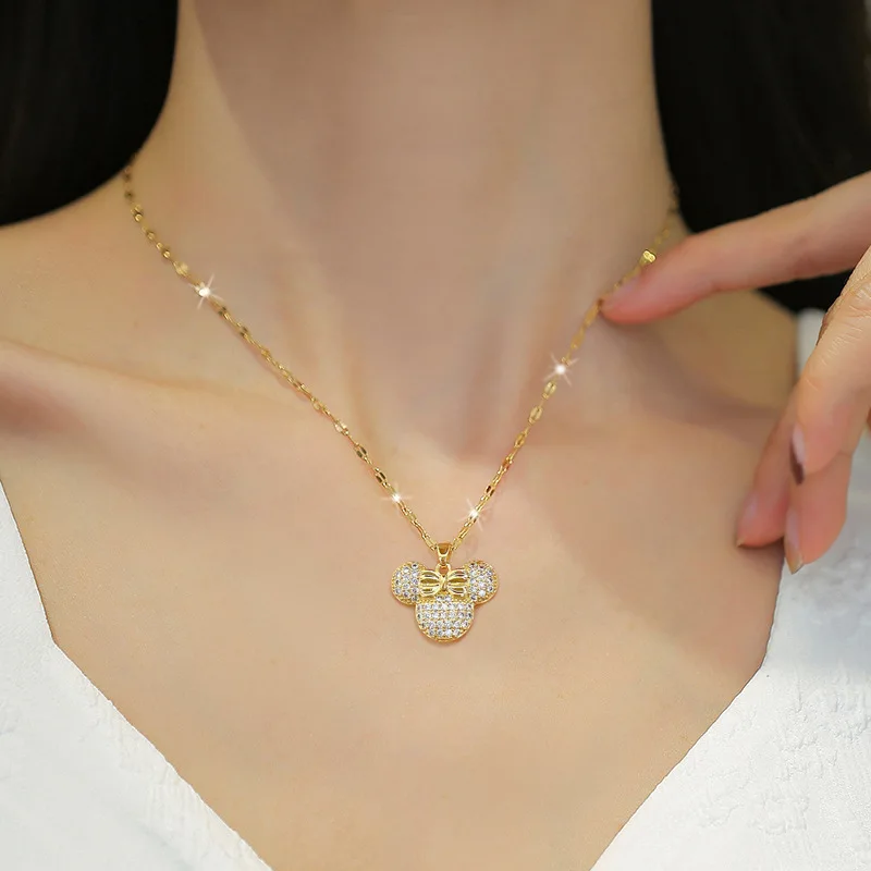 Stainless Steel Mickey Minne Pendant Necklace Crystal Clavicle Chain Collar Jewelry for Girls Cartoon Gifts Luxury Accessories