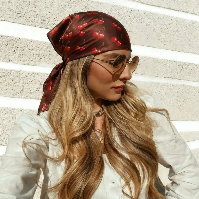 

2026 New Red Cherry Printed Women Scarf Summer Floral Shawl 70cm Square Scarves Small Neckties Hairbands Bags Hijab Wrap