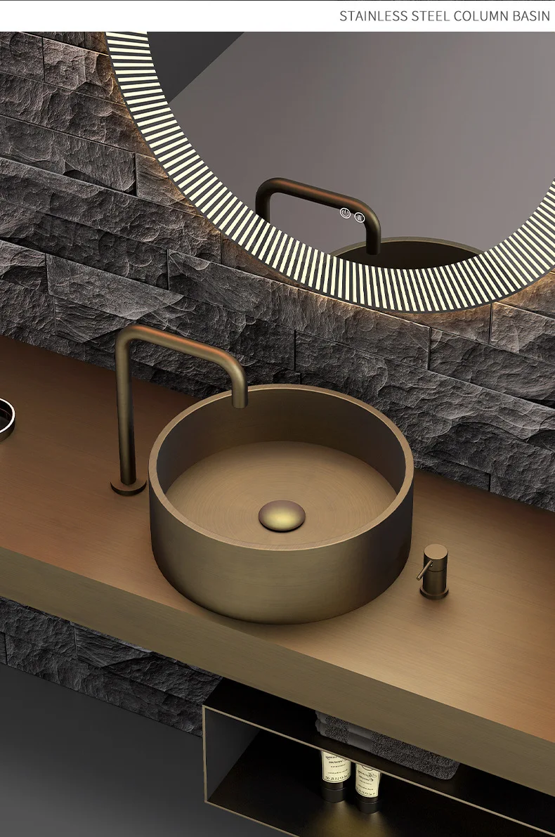 

New stainless steel countertop basin, integrated washbasin, art basin, bathroom retro circular washbasin