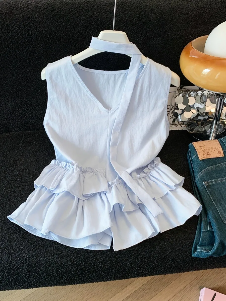 

Blue V-Neck Sleeveless Shirt with Sash Doll Style Summer Irregular Hem Skirt Women's Fashion French Style Cotton Casual Shirt