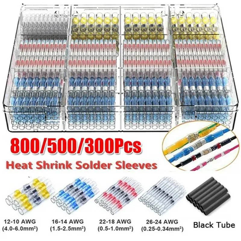 50/100/500/800PCS Waterproof Heat Shrink Butt Crimp Terminals Solder Seal Wire Connector Electrical Wire Cable Splice Terminal