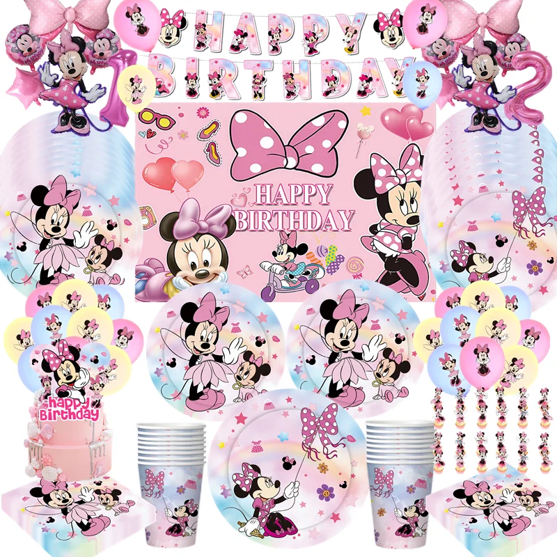 

Minnie Mouse Birthday Party Supplies Set Cups Plates Napkins Tablecloth Disposable Tableware Girls Party Decorations Supplies