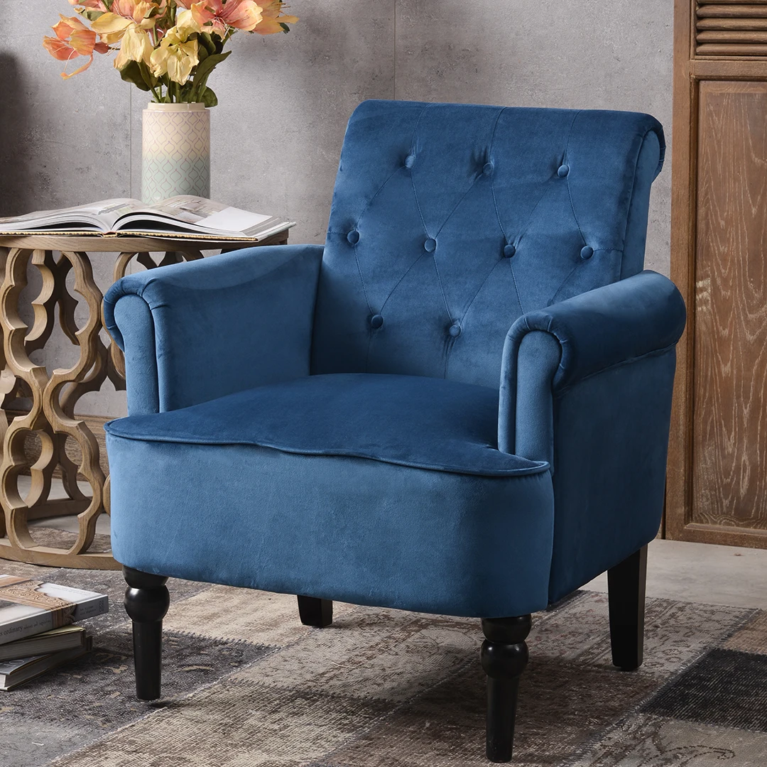 Comfy Single Couch Chair Accent Mid Century Blue Velvet Living Room Sofa Small Armchair