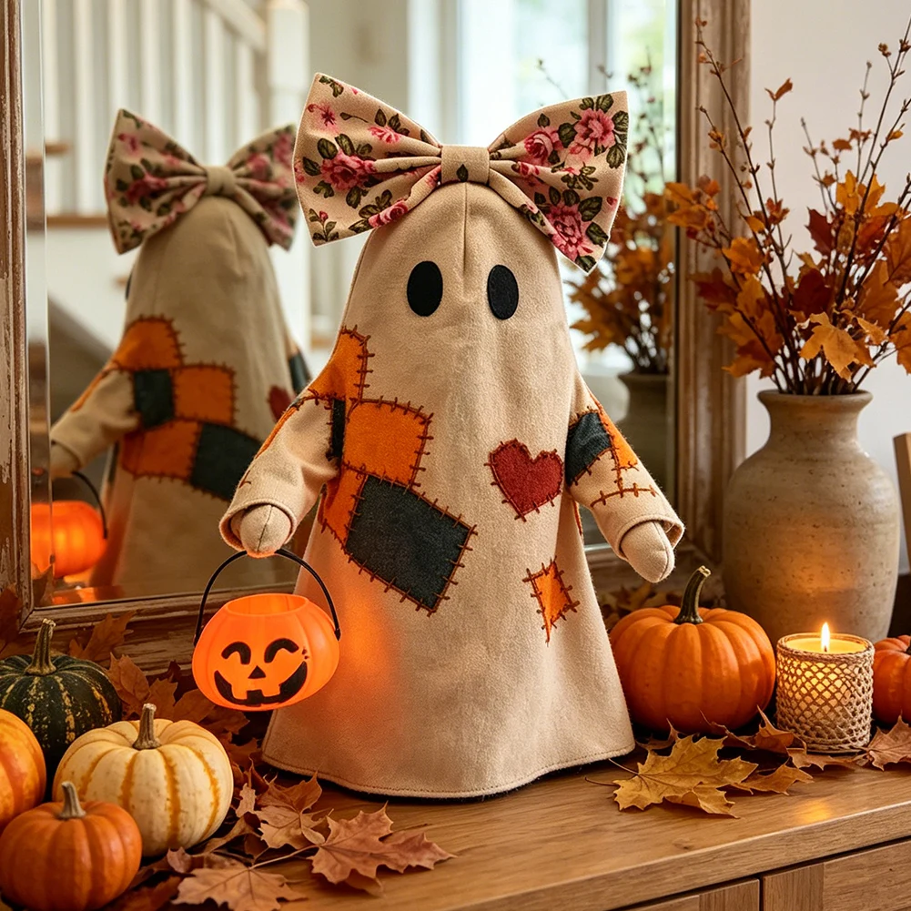 Lighted-Vintage Patchworks Ghosts for Halloween Decor Lights Up Ghosts with Pumpkins Lantern Ghosts Lamp for Mantel Shelf