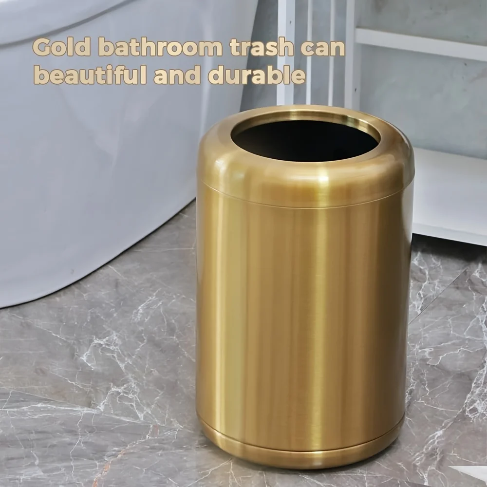 Stainless Steel Trash Can Golden Open-Top Rust-Resistant Recycle Bin Home Wastebasket Kitchen Bathroom Accessories