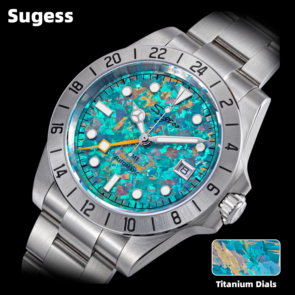 Sugess GMT Watch of Men Automatic Peacock SL3032 Mechanical Wristwatches Sapphire Crystal 100M Waterproof Titanium Dials S463-2