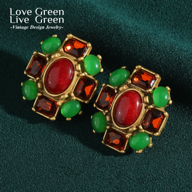 

Vintage Antique Gold Color Stud Red Green Earrings Stone Woman Christmas Gift Luxury Designer Accessories Jewelry High Quality