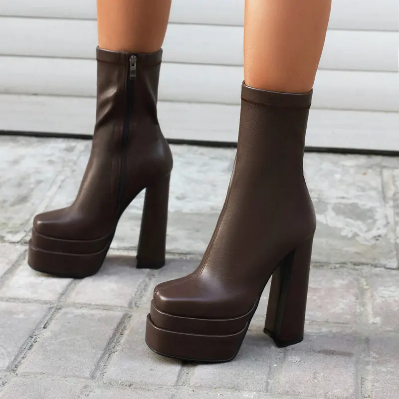 2022 Winter New Trendy Sexy Ladies Pumps Double Platform Pink Green Matte Flock Black Nude Block High Heels Ankle Stretch Boots