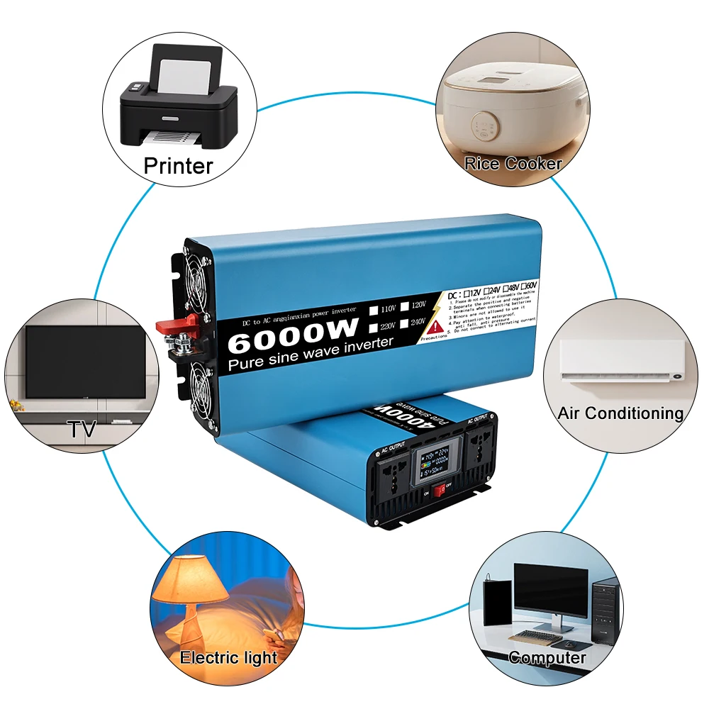 Pure Sine Wave Inverter 6000W 5000W 4000W DC 12V To AC 220V 60Hz Two socke Power solar Car Inverter With LCD Display Converter