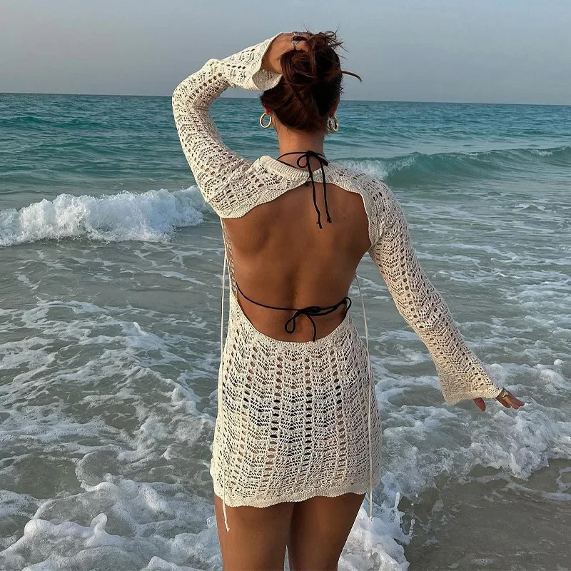 

Vintage Crochet Flower Hollow Out Dress Cover-Ups Chic Women Sexy Knit Backless Tie-up Mini Dress Summer Beach Holiday Bodycon