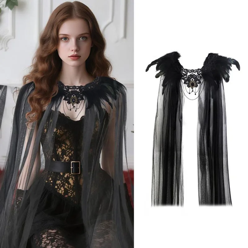 

Сетчатая кружевная готическая черная накидка для женщин, вечерние костюмы на Хэллоуин, косплей, костюм с вышивкой перьями, пончо в стиле панк, праздничное украшение для девочек