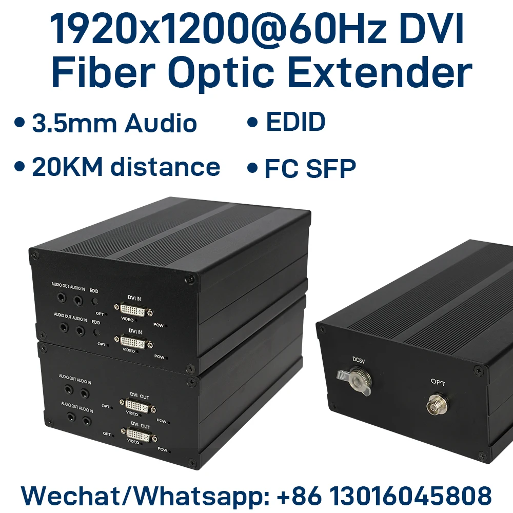

1920x1080P@60hz DVI Fiber Extender 2CH Forward / 1CH BIDI with 3.5mm Audio, 3Gbps FC SFP Singlemode 20KM Transceiver